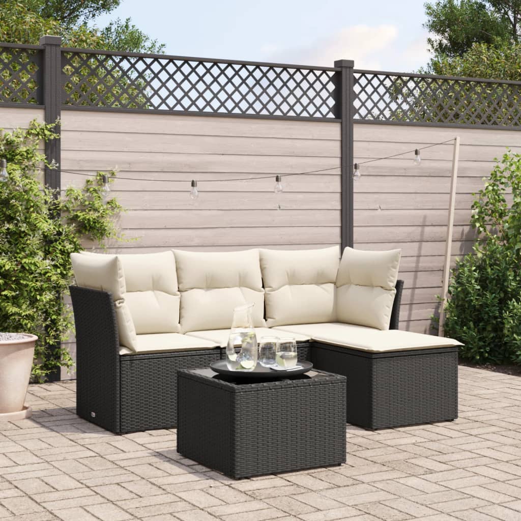 vidaXL 4-Piece Poly Rattan Lounge Set with Cushions Black