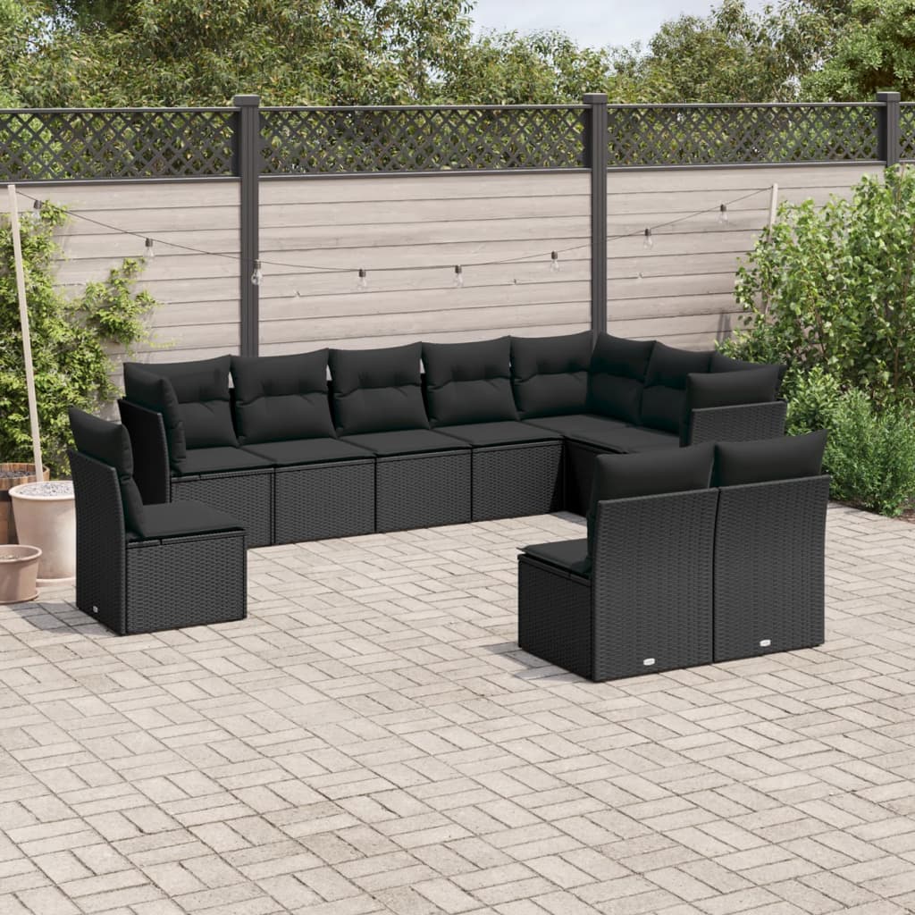 vidaXL Ensemble de salon 10 personnes avec coussins en poly rotin noir