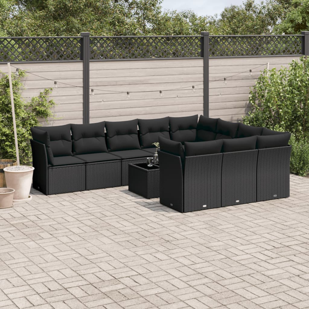 vidaXL Ensemble de salon 10 personnes avec coussins en poly rotin noir