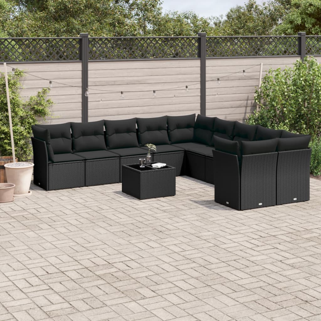 vidaXL Ensemble de salon 10 personnes avec coussins en poly rotin noir