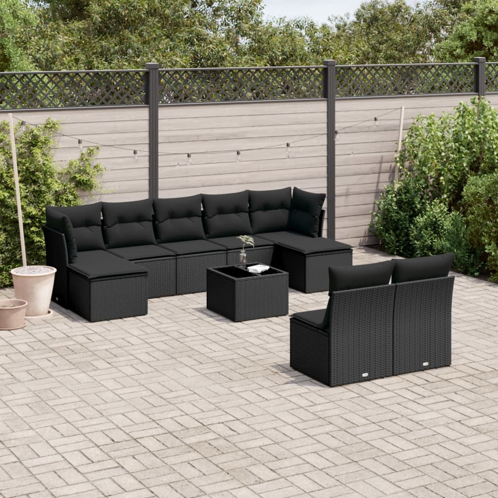 vidaXL 9-delige Loungeset met kussens poly rattan zwart