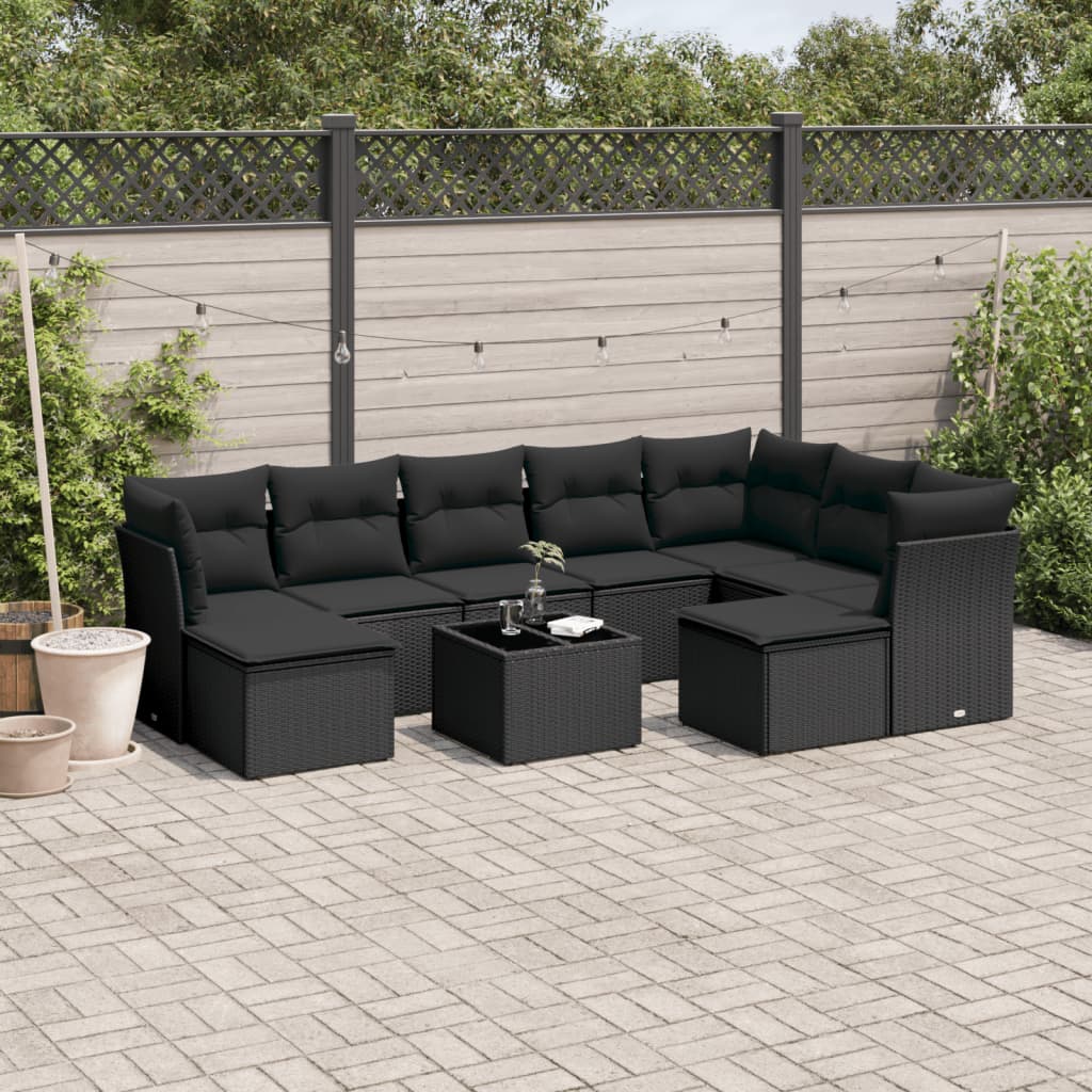 vidaXL 9-piece Poly Rattan Lounge Set with Cushions Black