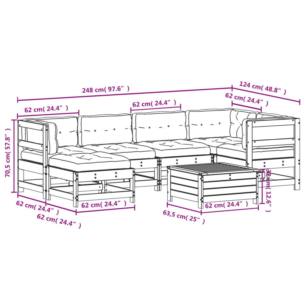 vidaXL 7-delige Loungeset met kussens massief grenenhout