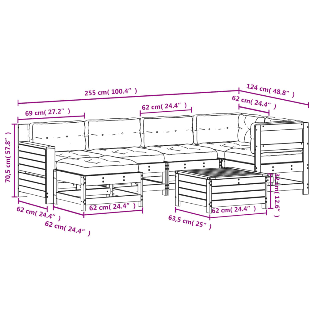 vidaXL 7-delige Loungeset met kussens massief grenenhout