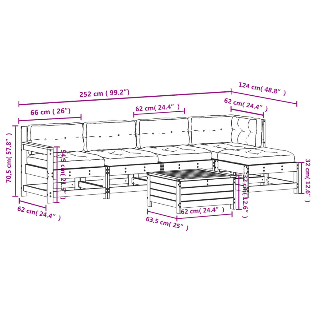 vidaXL 6-delige Loungeset met kussens massief grenenhout