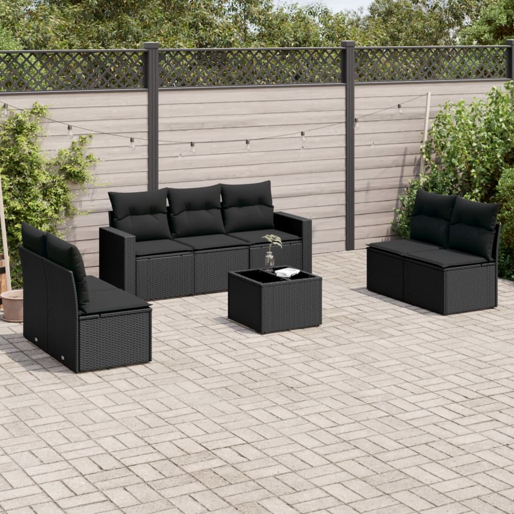 vidaXL 7-delige Loungeset met kussens poly rattan zwart