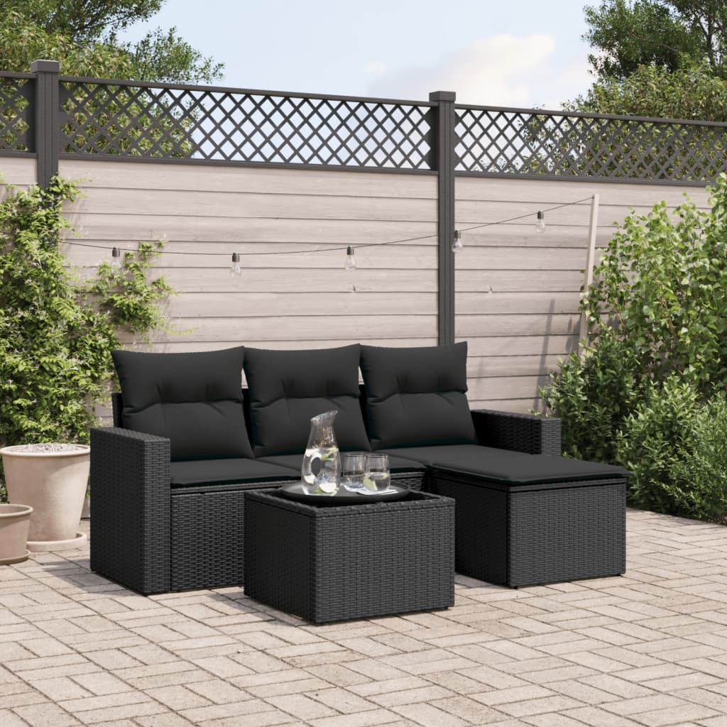vidaXL 4-delige Loungeset met kussens poly rattan zwart