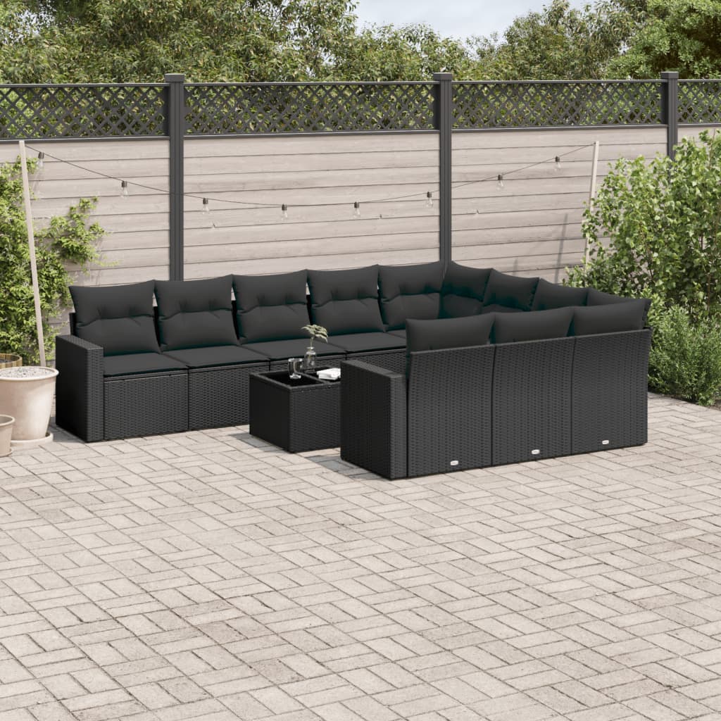 vidaXL 10-delige Loungeset met kussens poly rattan zwart