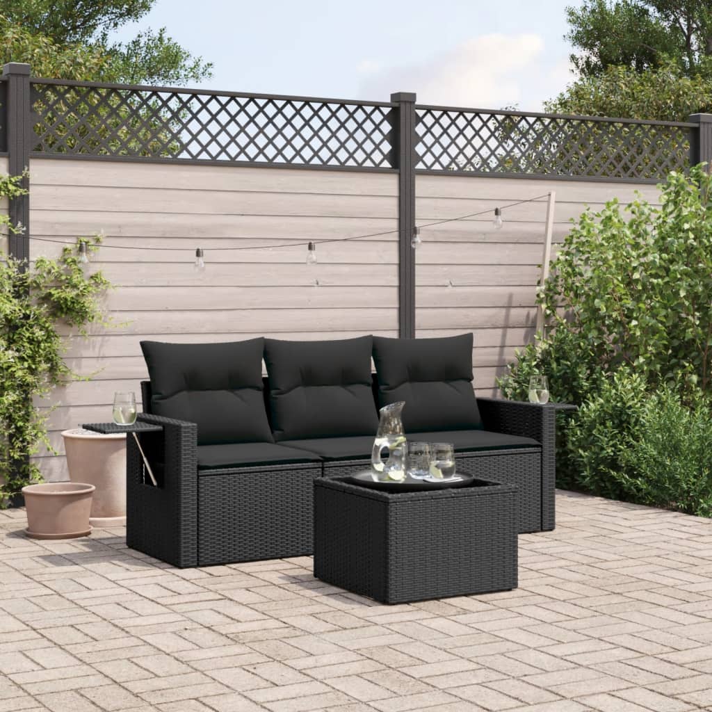 vidaXL 3-delige Loungeset met kussens poly rattan zwart