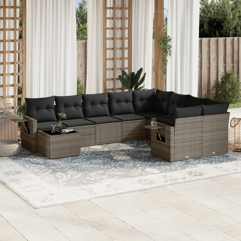 vidaXL 10-delige Loungeset met kussens poly rattan zwart