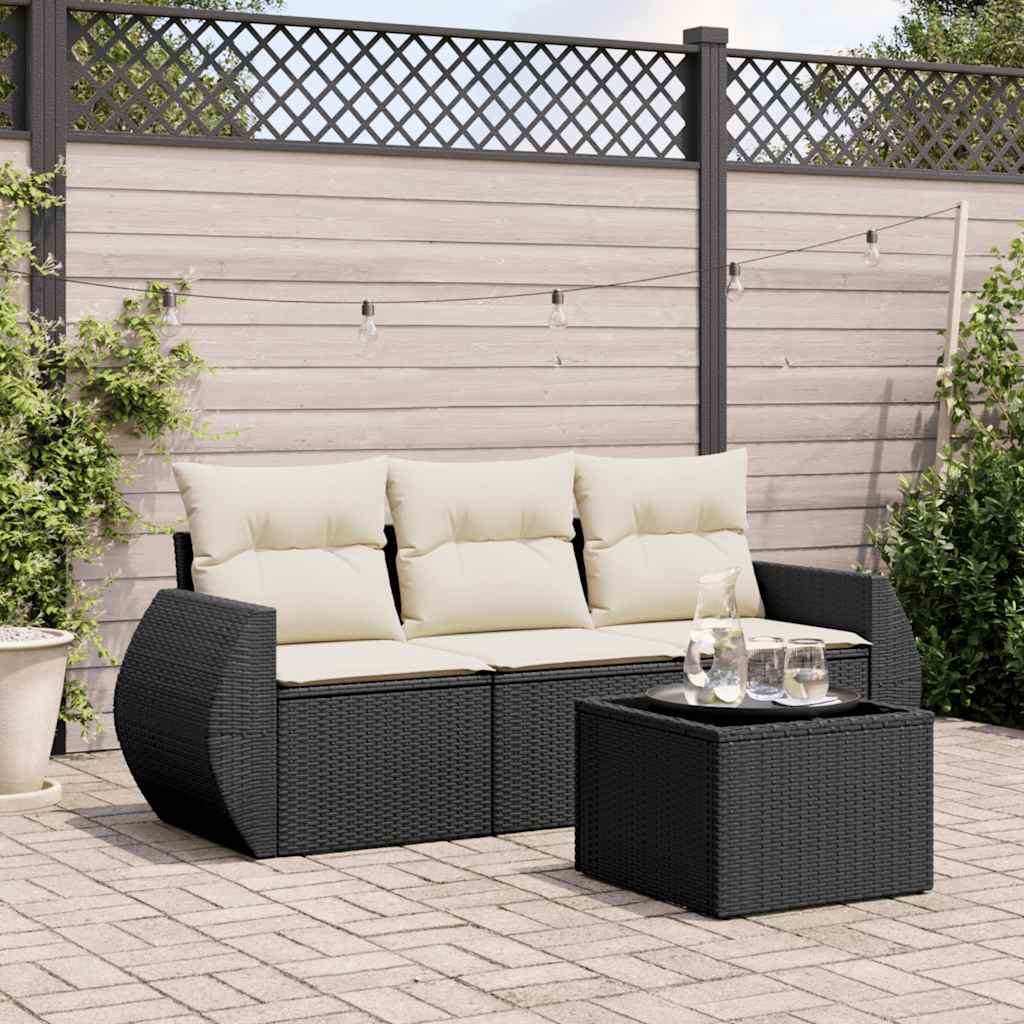 vidaXL 3-delige Loungeset met kussens poly rattan zwart