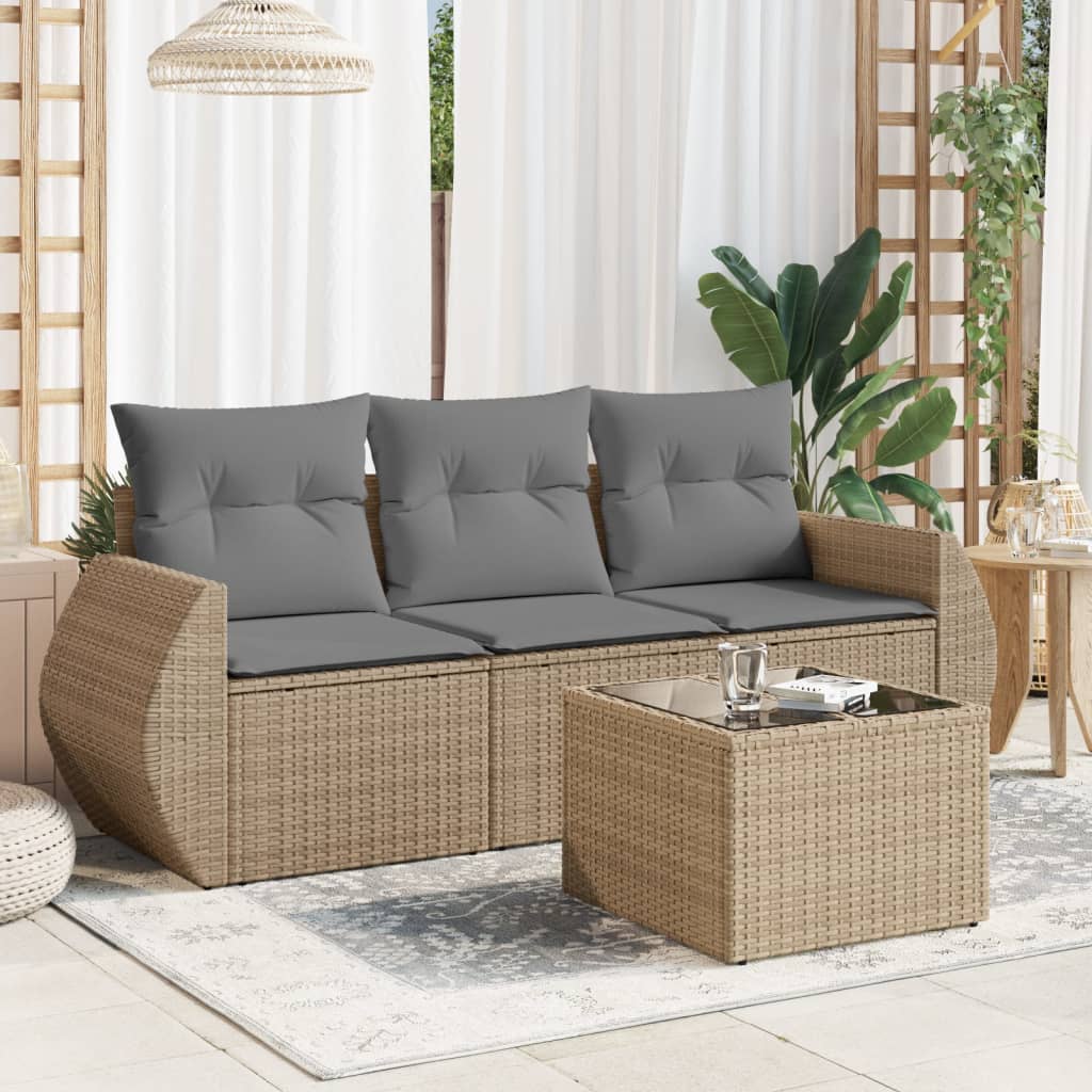 vidaXL 3-delige Loungeset met kussens poly rattan zwart