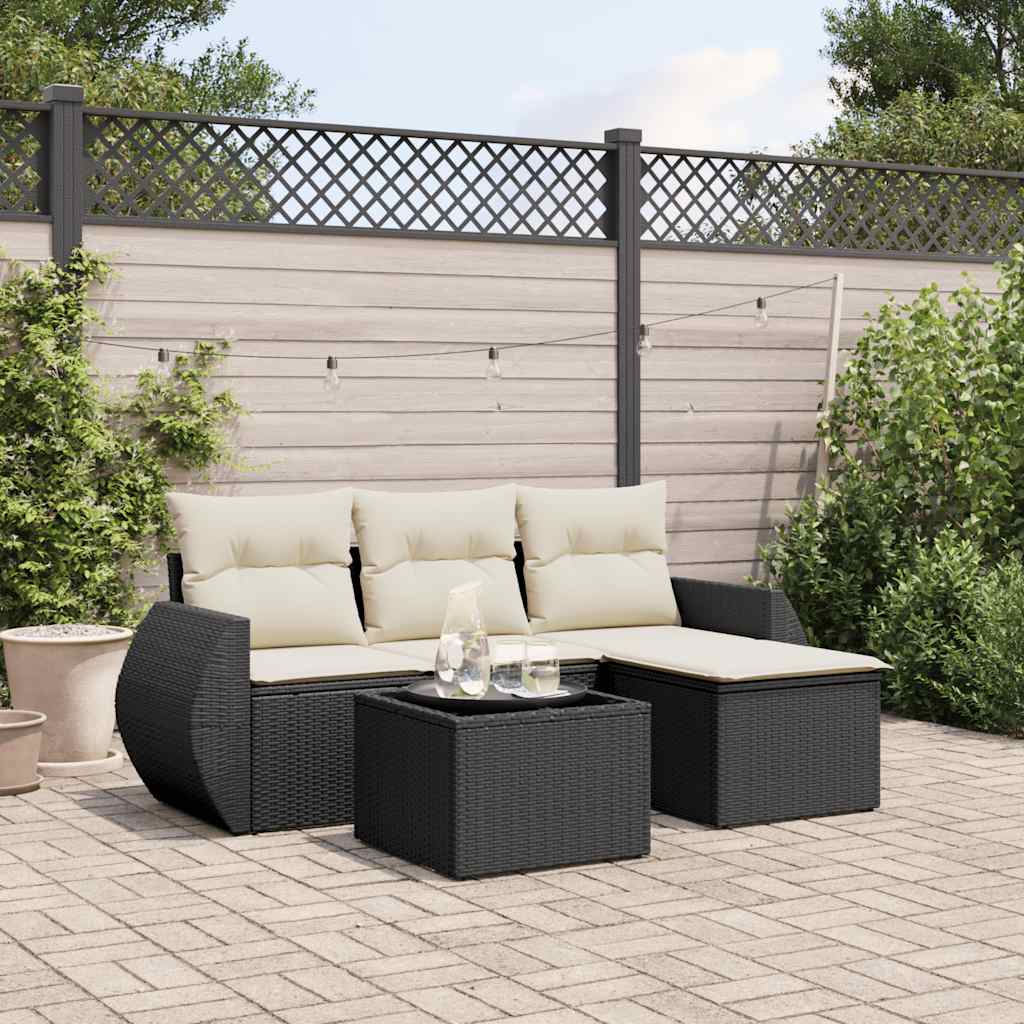 vidaXL 4-delige Loungeset met kussens poly rattan zwart