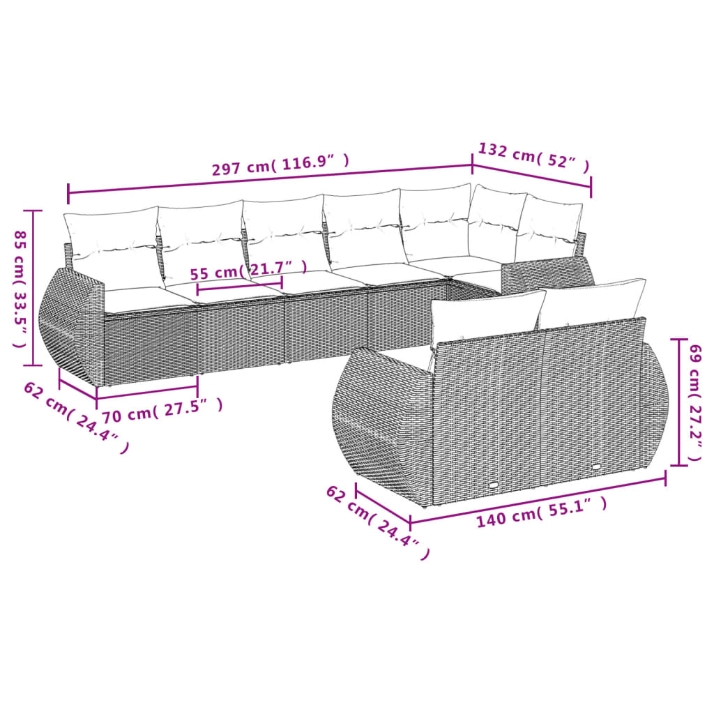 vidaXL 8-delige Loungeset met kussens poly rattan zwart