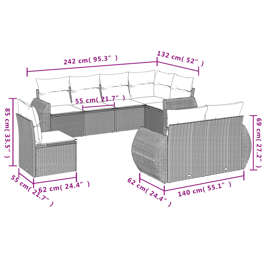 vidaXL 8-piece Lounge Set with Cushions Poly Rattan Black