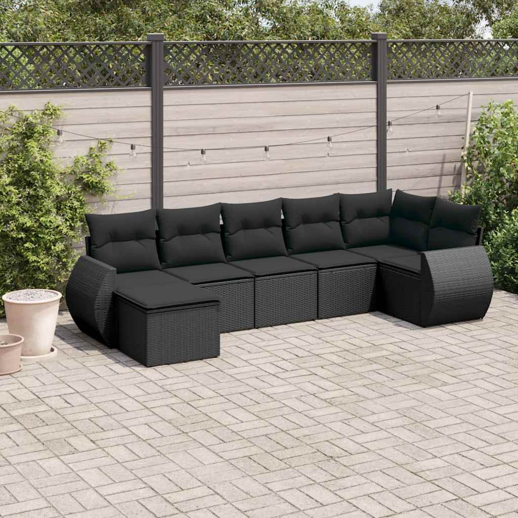 vidaXL 7-delige Loungeset met kussens poly rattan zwart
