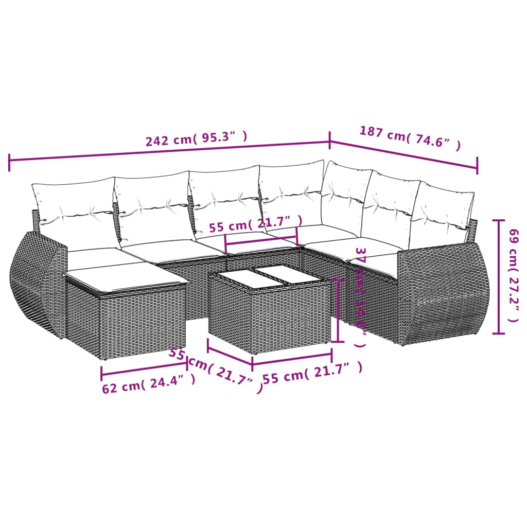 vidaXL 7-Piece Lounge Set with Cushions Poly Rattan Black