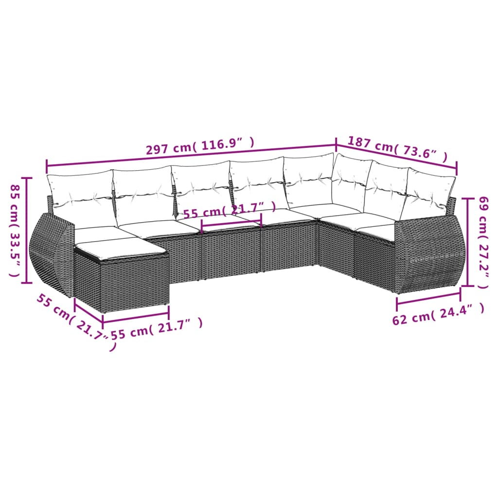 vidaXL 8-Piece Poly Rattan Lounge Set with Cushions Black