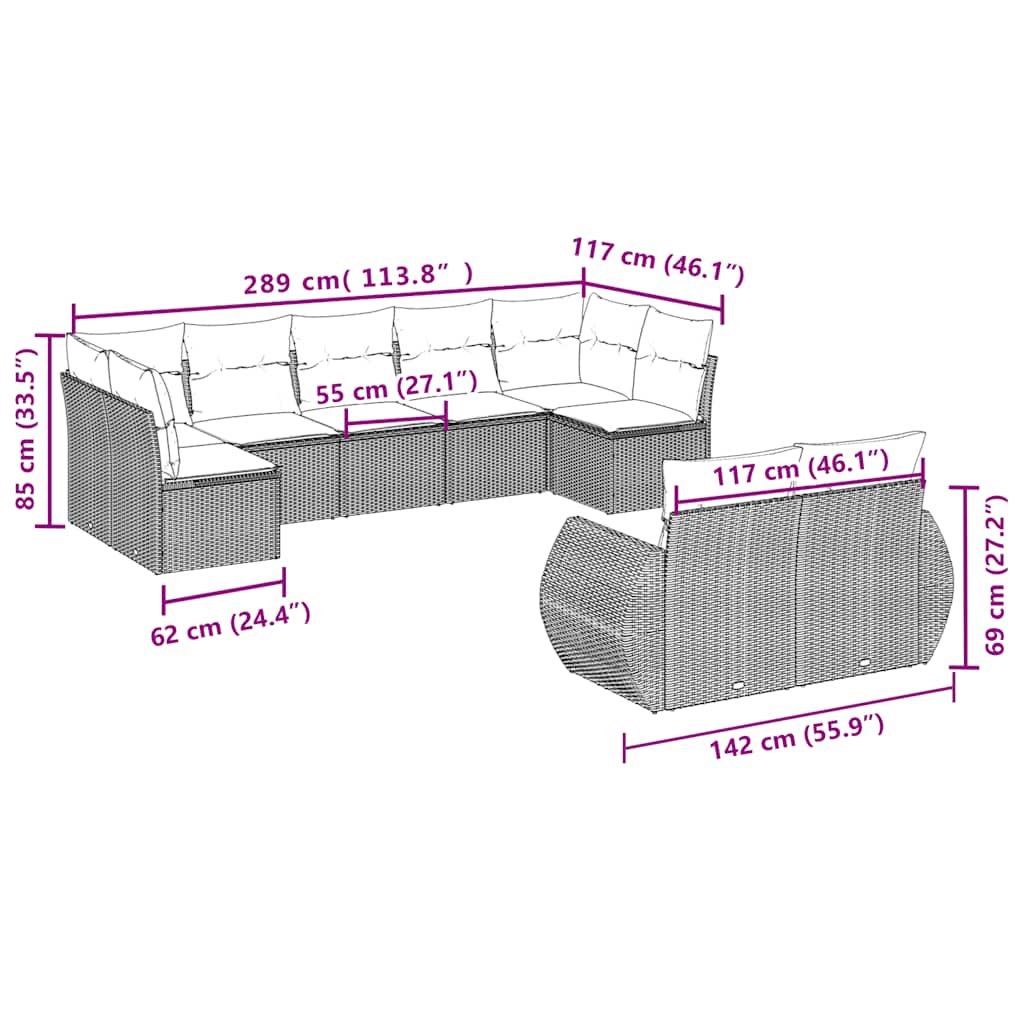 vidaXL 9-piece Poly Rattan Lounge Set with Cushions Black