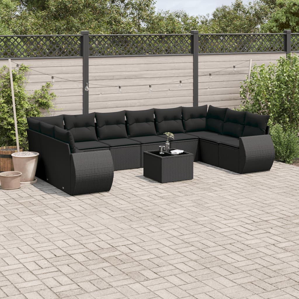 vidaXL 10-Piece Lounge Set with Cushions Poly Rattan Black