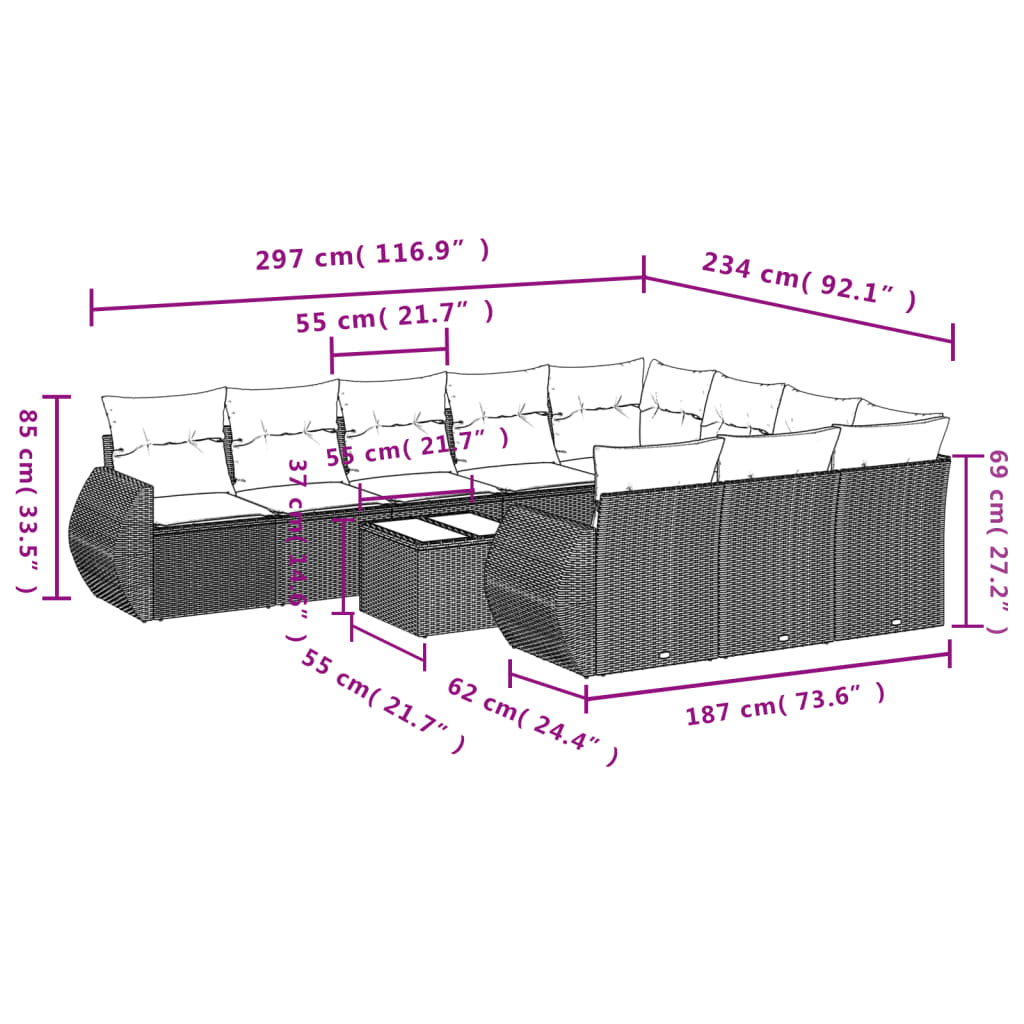 vidaXL 10-delige Loungeset met kussens poly rattan zwart
