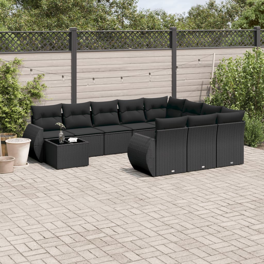 vidaXL 11-Piece Lounge Set with Cushions Poly Rattan Black