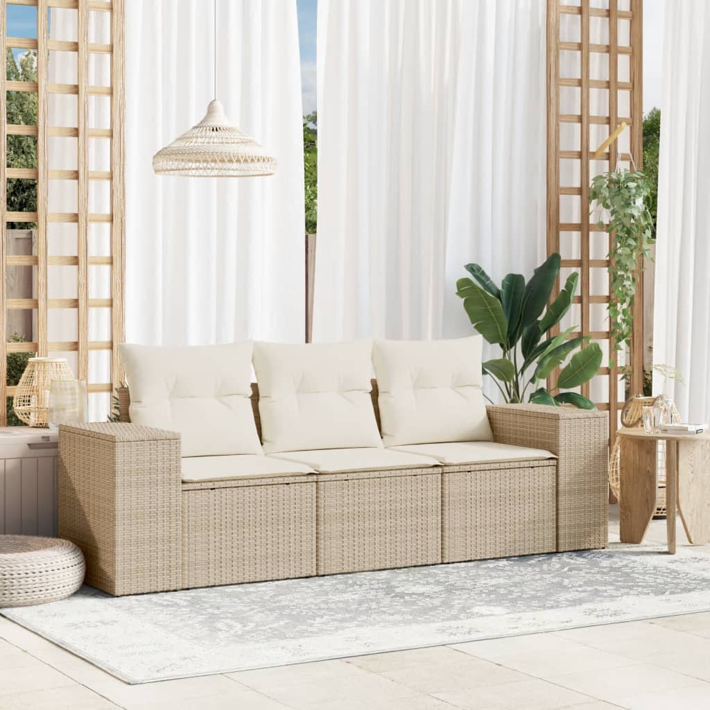 vidaXL 3-delige Loungeset met kussens poly rattan zwart