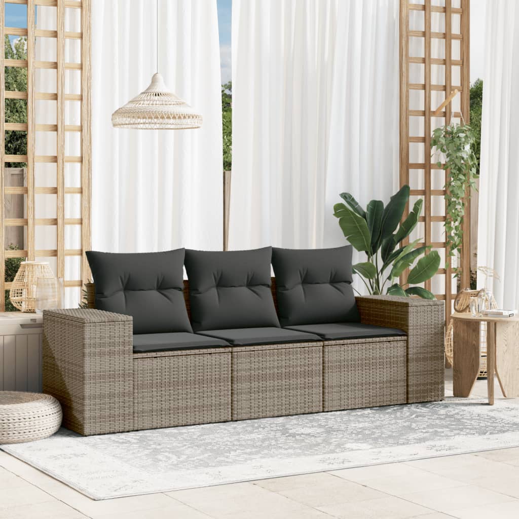 vidaXL 3-delige Loungeset met kussens poly rattan zwart