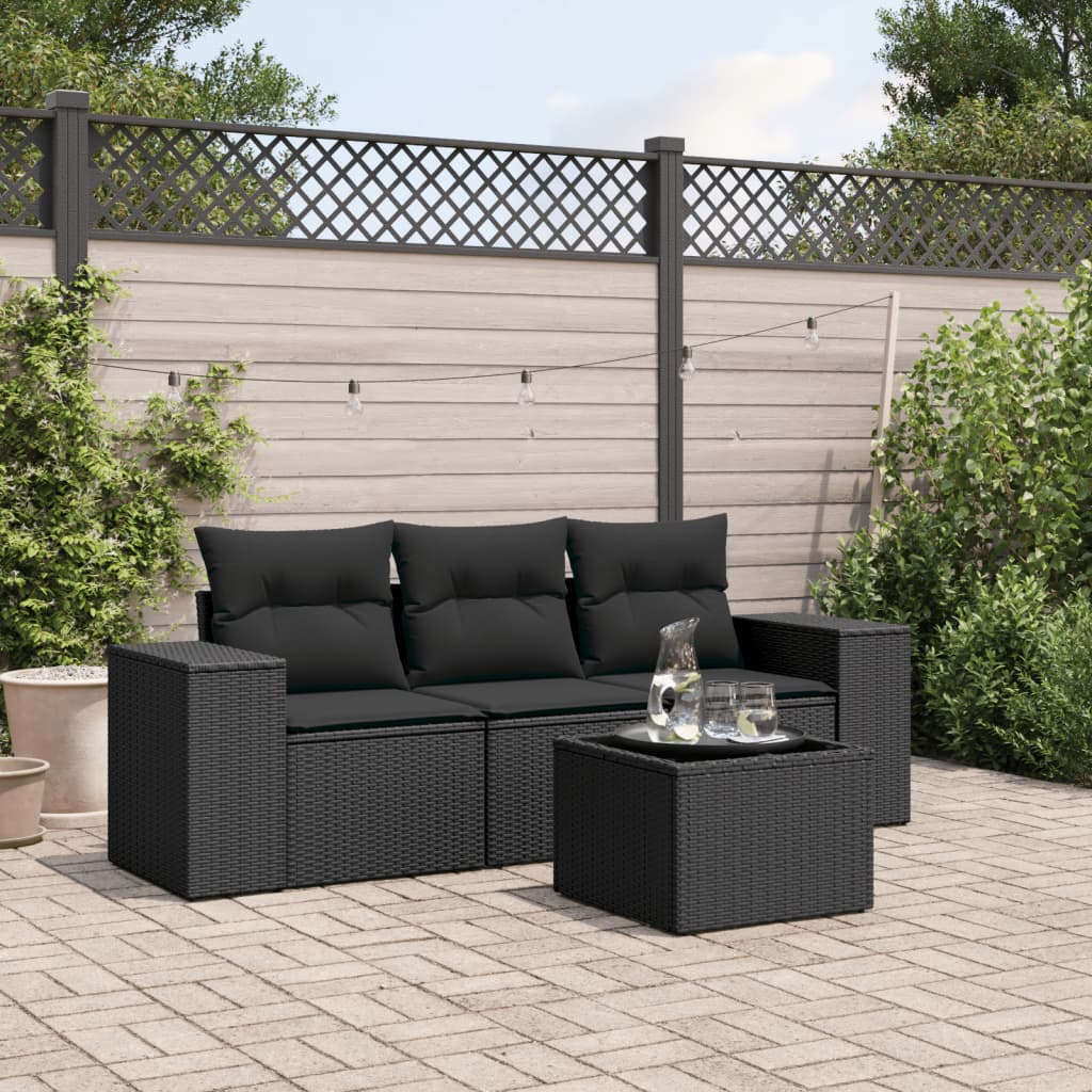 vidaXL 3-delige Loungeset met kussens poly rattan zwart