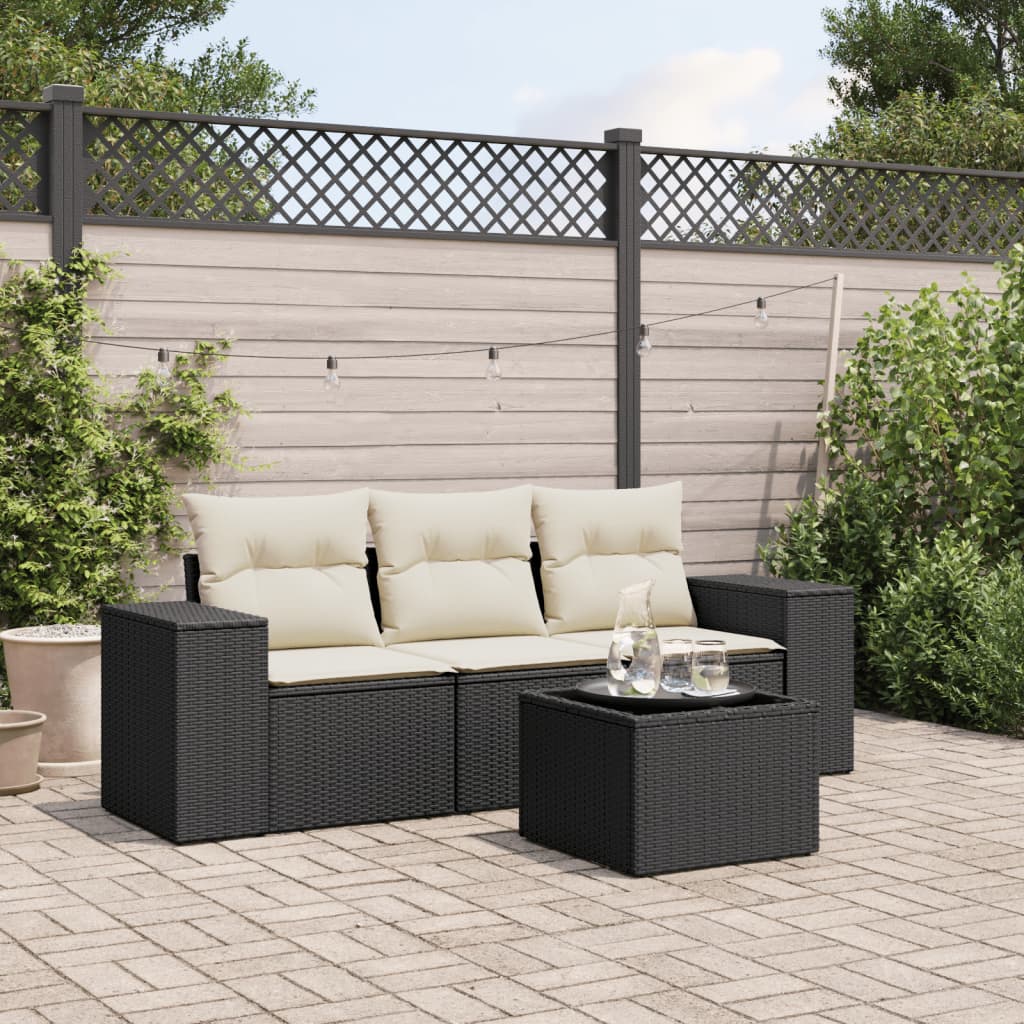 vidaXL 3-delige Loungeset met kussens poly rattan zwart