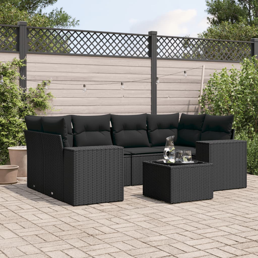vidaXL 7-delige Loungeset met kussens poly rattan zwart