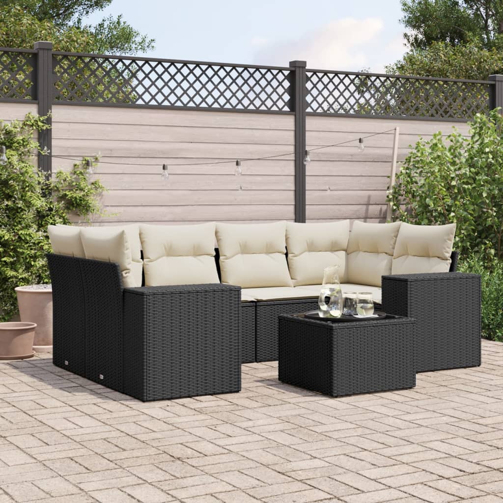 vidaXL 7-delige Loungeset met kussens poly rattan zwart