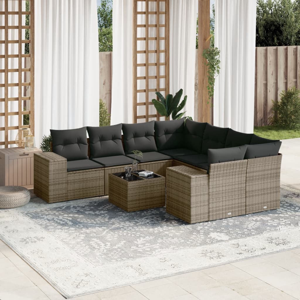 vidaXL 9-delige Loungeset met kussens poly rattan zwart