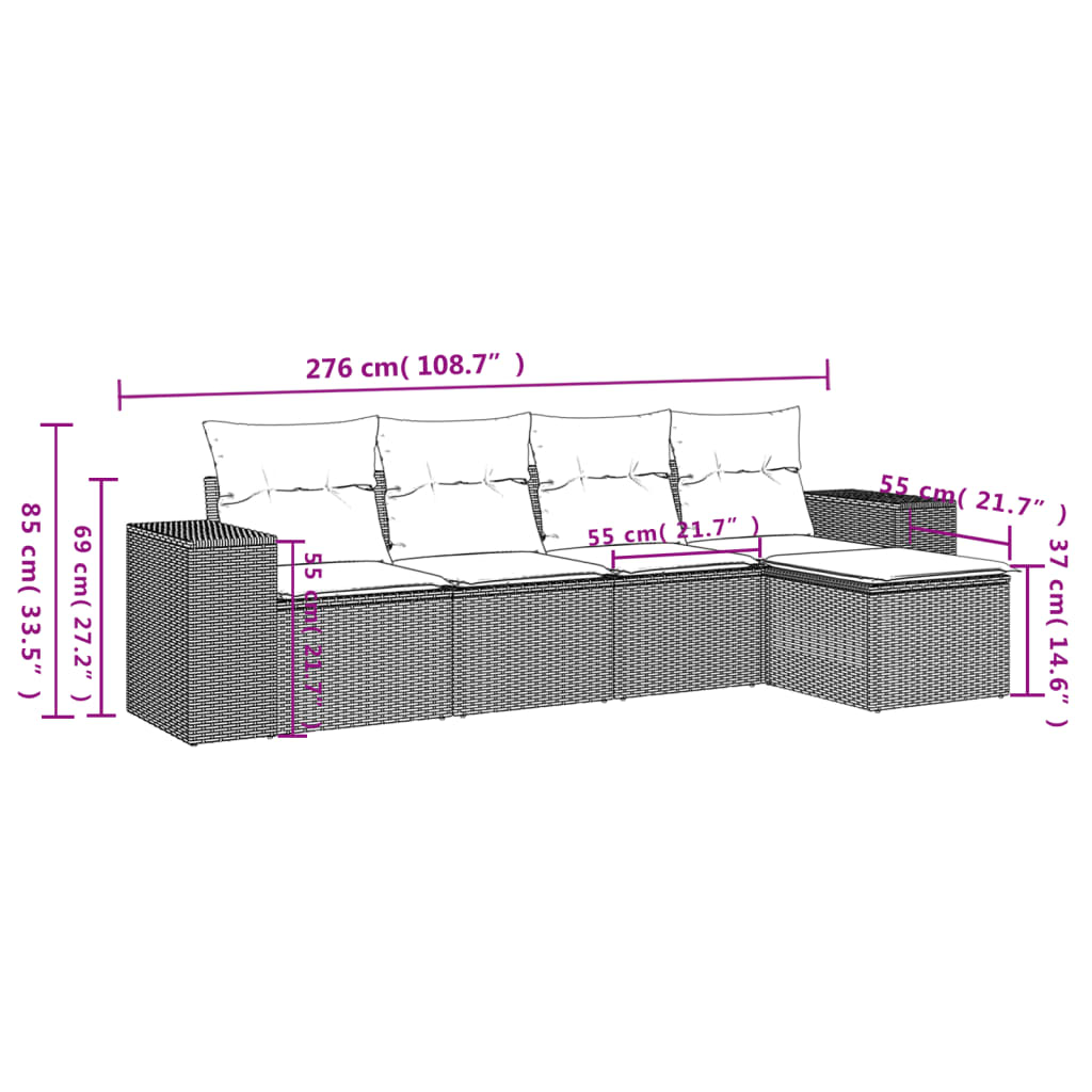vidaXL 5-delige Loungeset met kussens poly rattan zwart