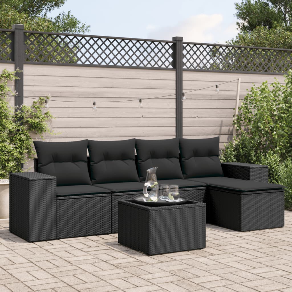 vidaXL 5-delige Loungeset met kussens poly rattan zwart