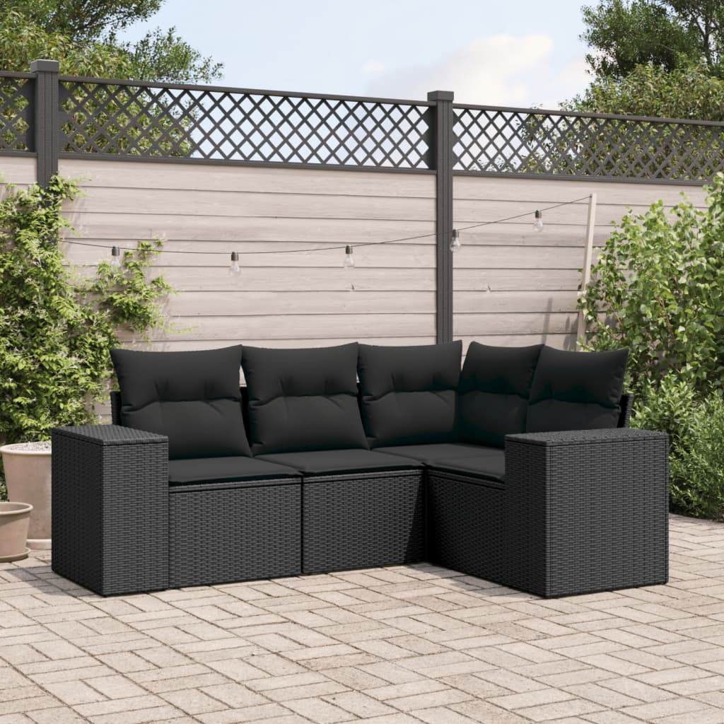 vidaXL 4-Piece Poly Rattan Lounge Set with Cushions Black