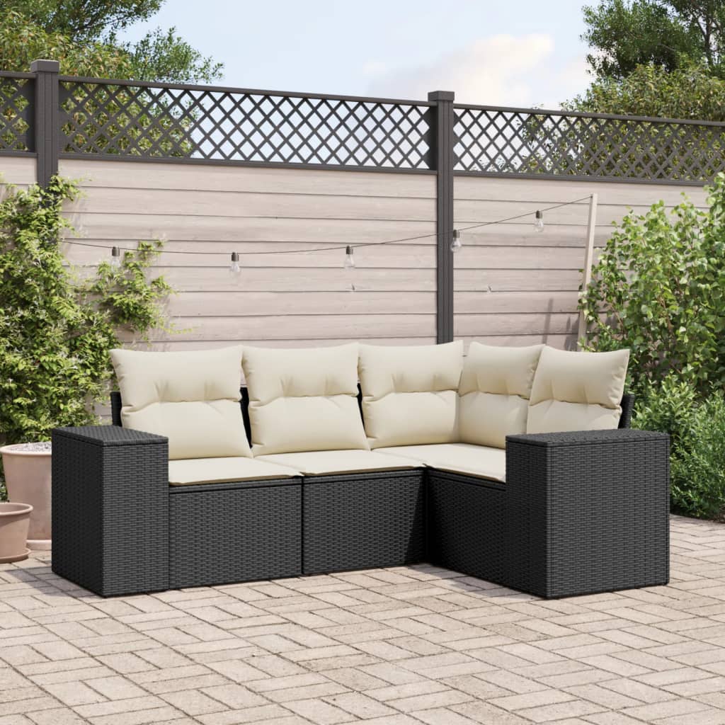 vidaXL 4-Piece Poly Rattan Lounge Set with Cushions Black