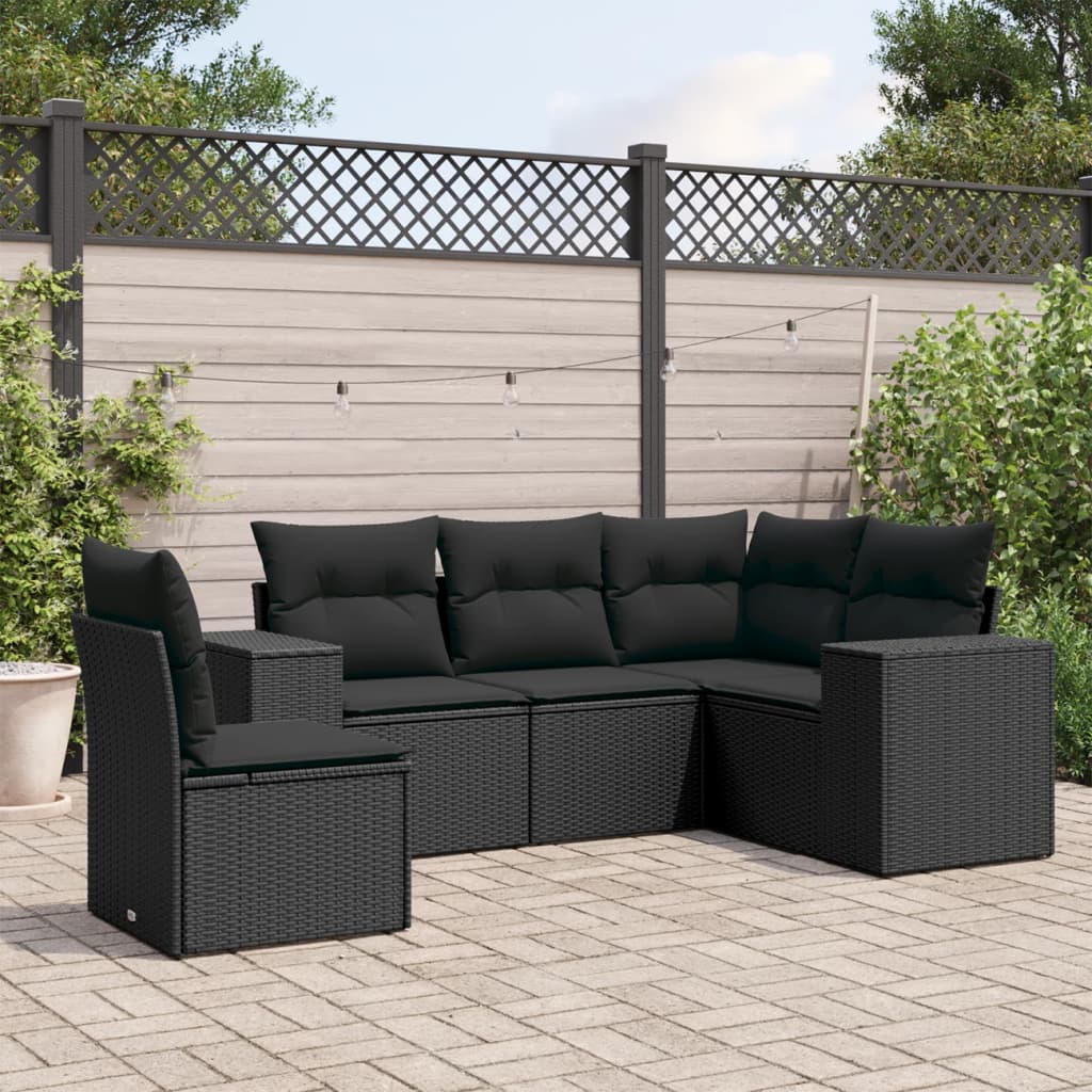 vidaXL 5-delige Loungeset met kussens poly rattan zwart