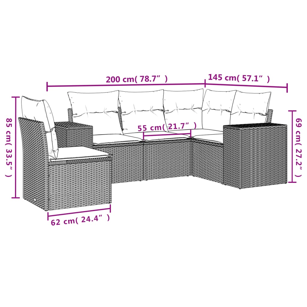 vidaXL 5-delige Loungeset met kussens poly rattan zwart