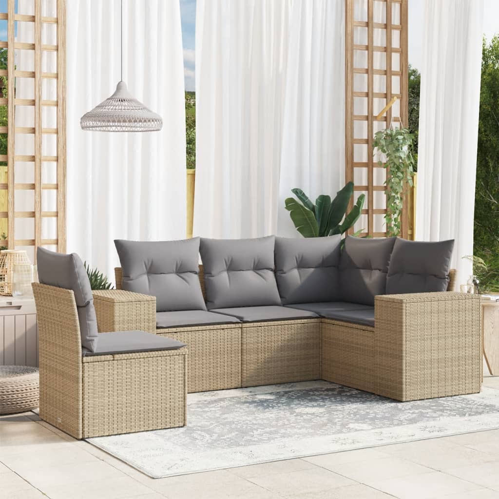 vidaXL 5-delige Loungeset met kussens poly rattan zwart