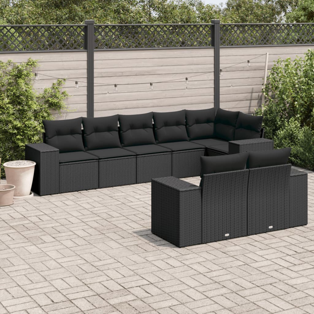 vidaXL 8-Piece Poly Rattan Lounge Set with Cushions Black