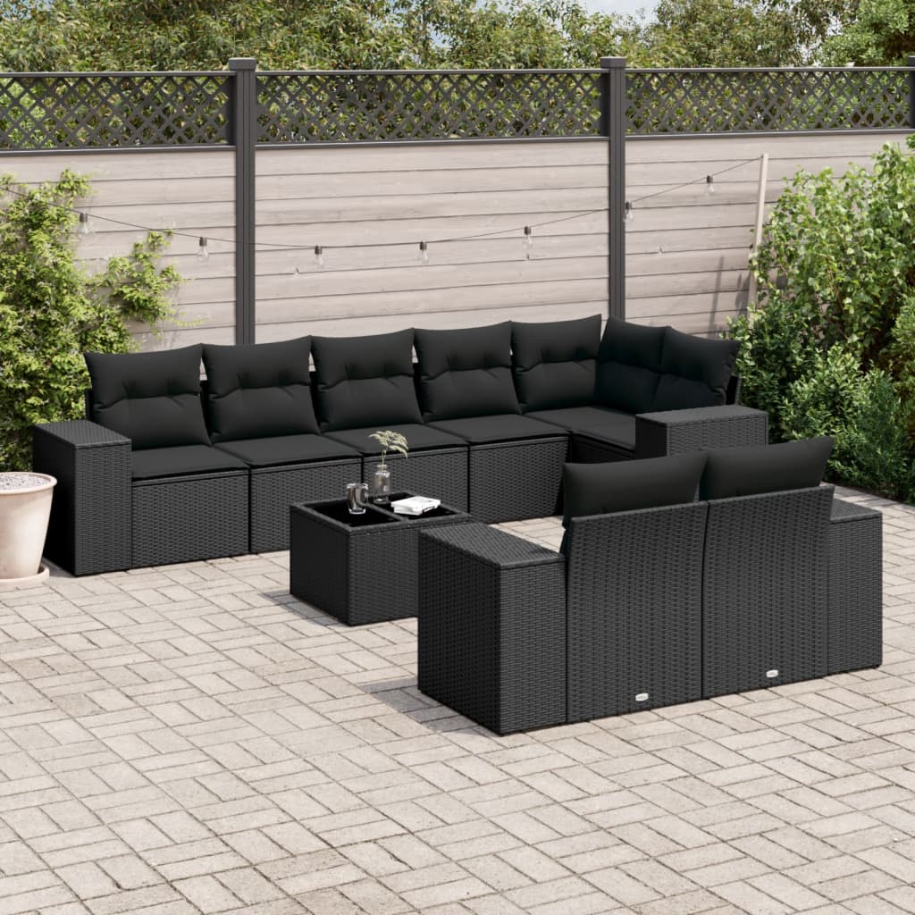 vidaXL 8-Piece Poly Rattan Lounge Set with Cushions Black