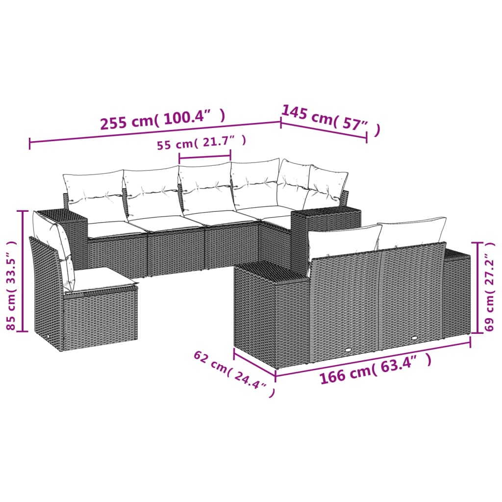vidaXL 8-Piece Poly Rattan Lounge Set with Cushions Black
