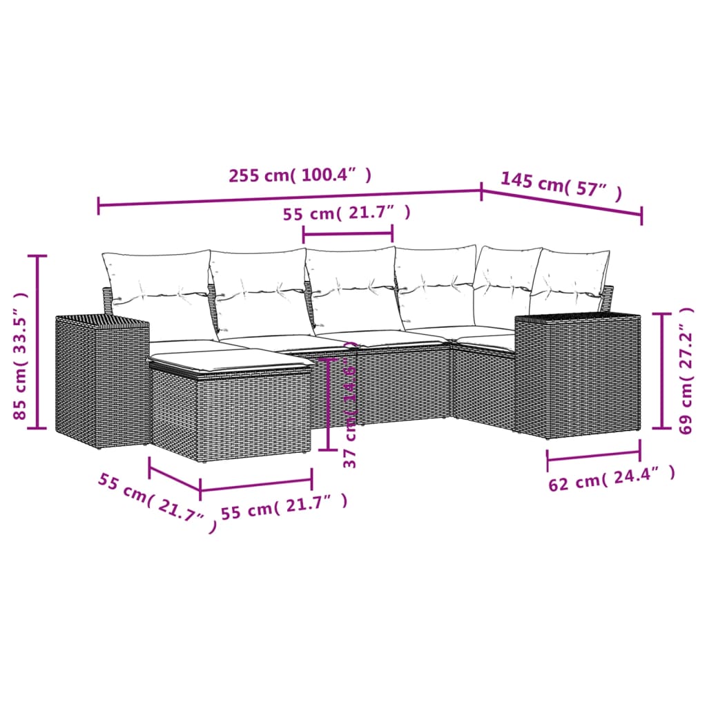 vidaXL 6-Piece Lounge Set with Cushions Poly Rattan Black
