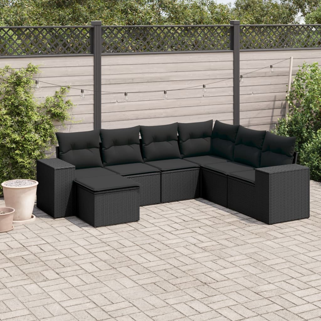 vidaXL 7-delige Loungeset met kussens poly rattan zwart