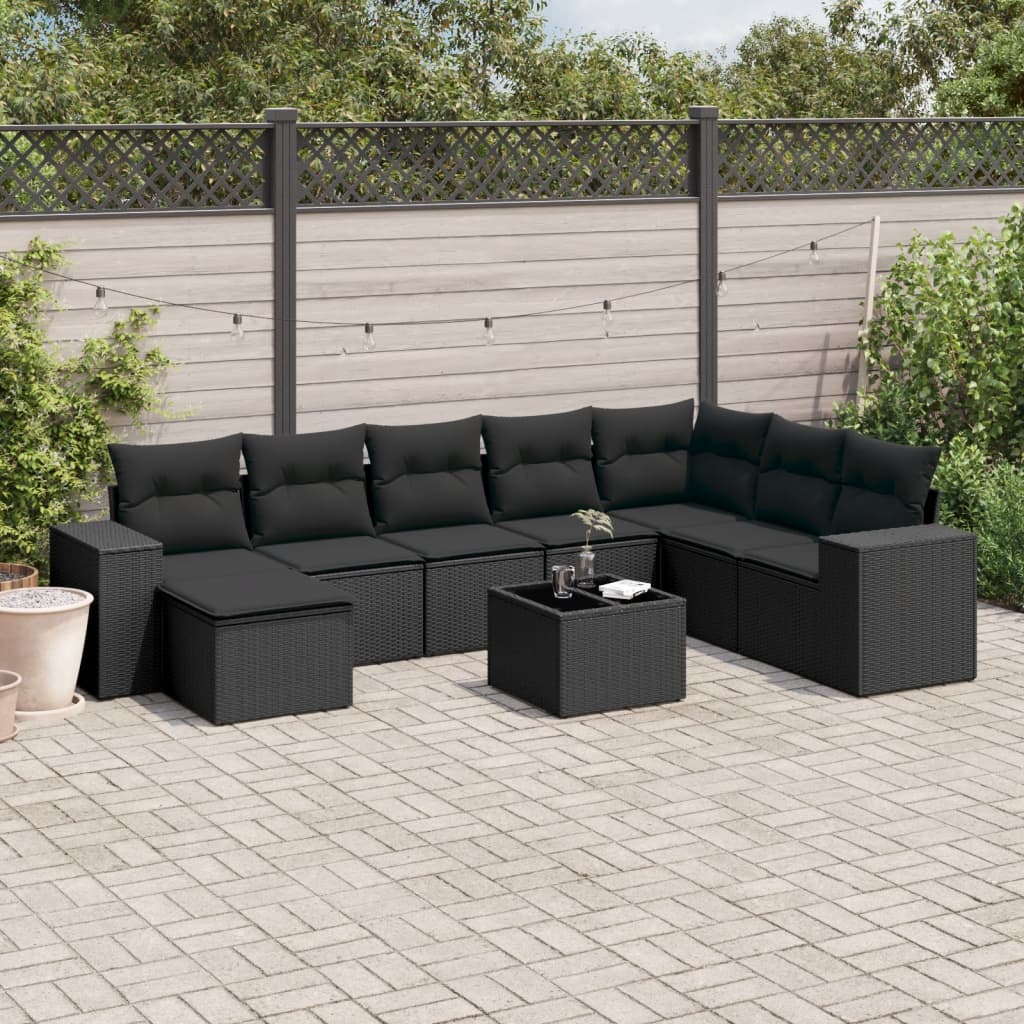 vidaXL 8-delige Loungeset met kussens poly rattan zwart