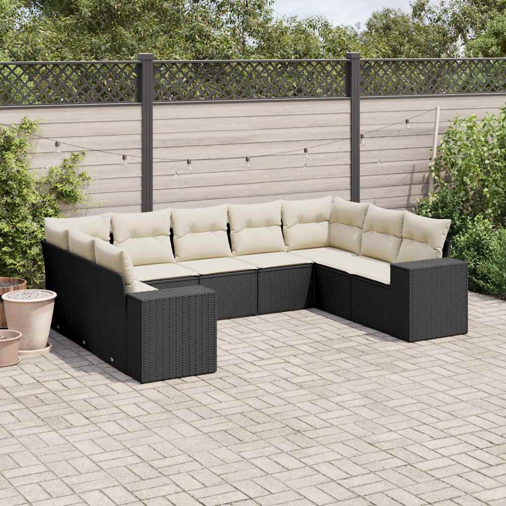 vidaXL 9-delige Loungeset met kussens poly rattan zwart