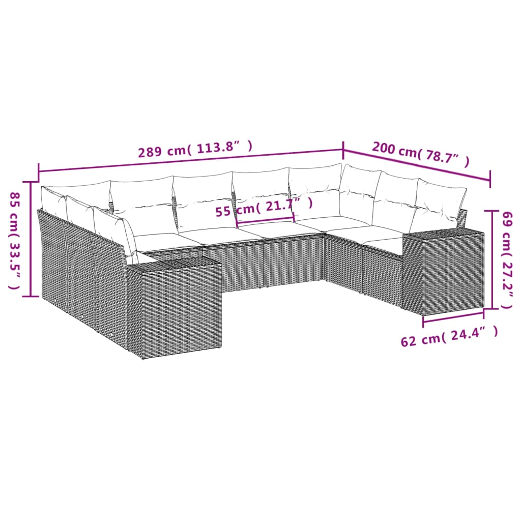 vidaXL 9-delige Loungeset met kussens poly rattan zwart