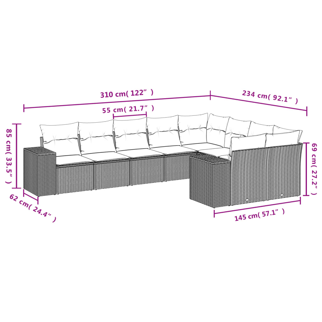 vidaXL 9-piece Lounge Set with Cushions Poly Rattan Black