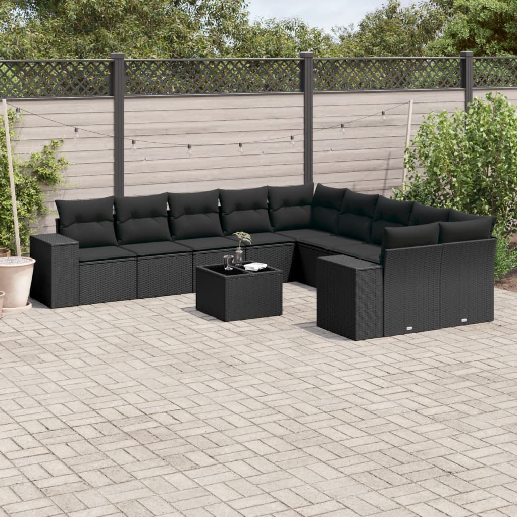 vidaXL 10-Piece PE Rattan Lounge Set with Cushions Black